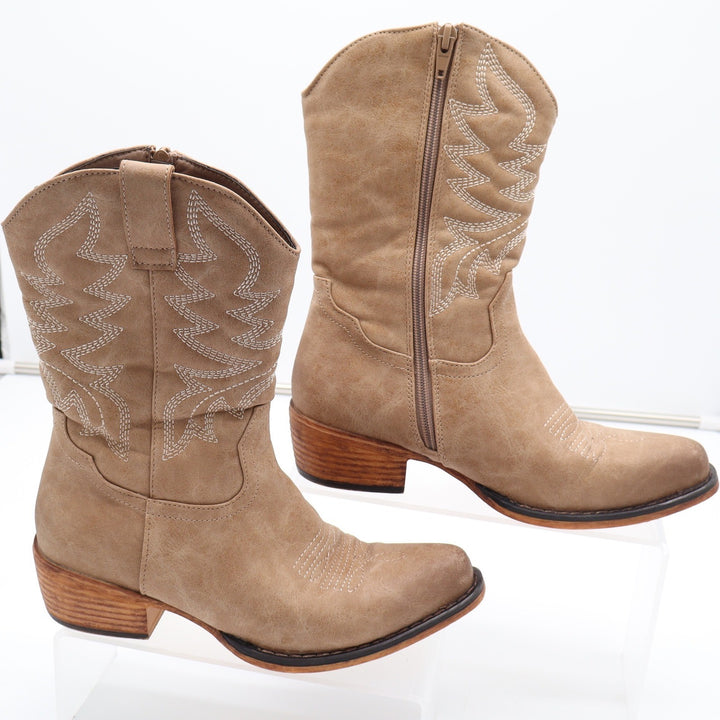 Womens Tan Faux Suede Western Cowboy Boots Pointed Toe Side Zip Size 6