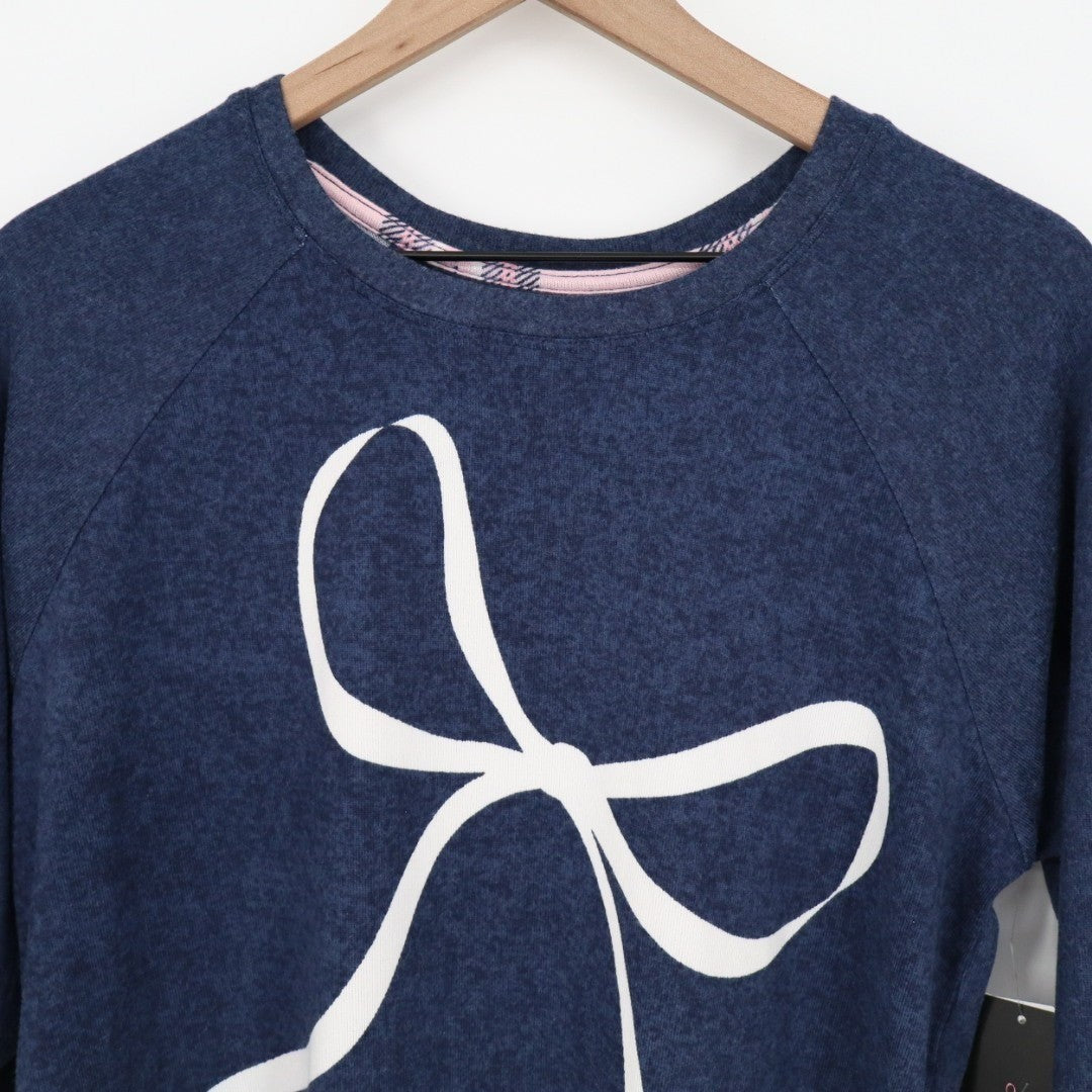 Cuddl Duds Pajama Shirt Womens Medium Blue Bow Print Stretch Raglan Long Sleeve