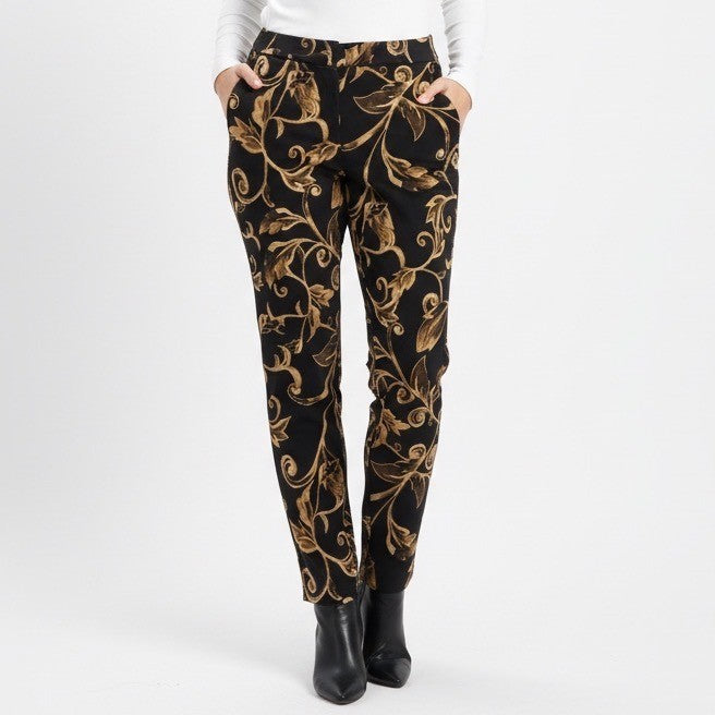 Chico's So Slimming Juliet Ankle Pants Women 2.5 Black Gold Scroll Print Stretch