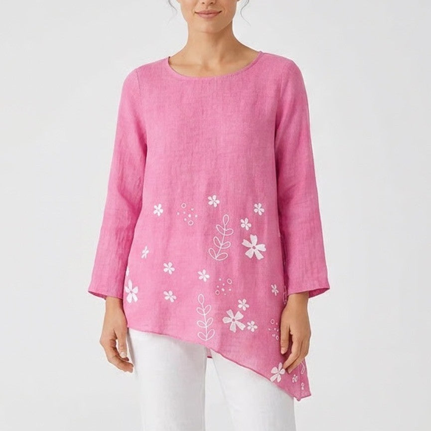Pink Floral Asymmetrical Sharkbite Hem Tunic Blouse Long Sleeve Size S