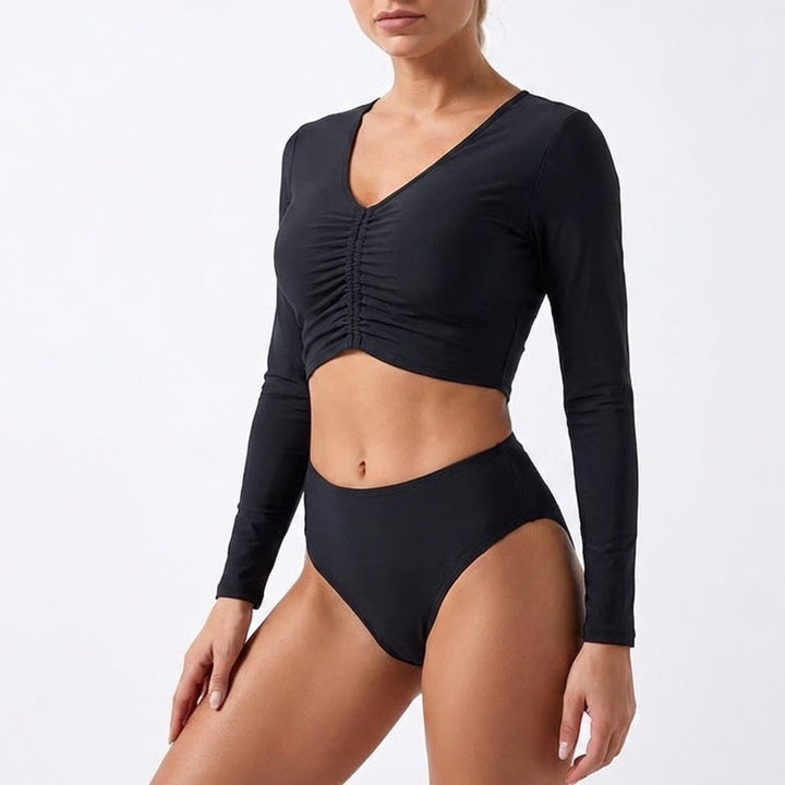 CALIA Womens LS Ruched Rashguard Pure Black Cropped Swim Top Size M