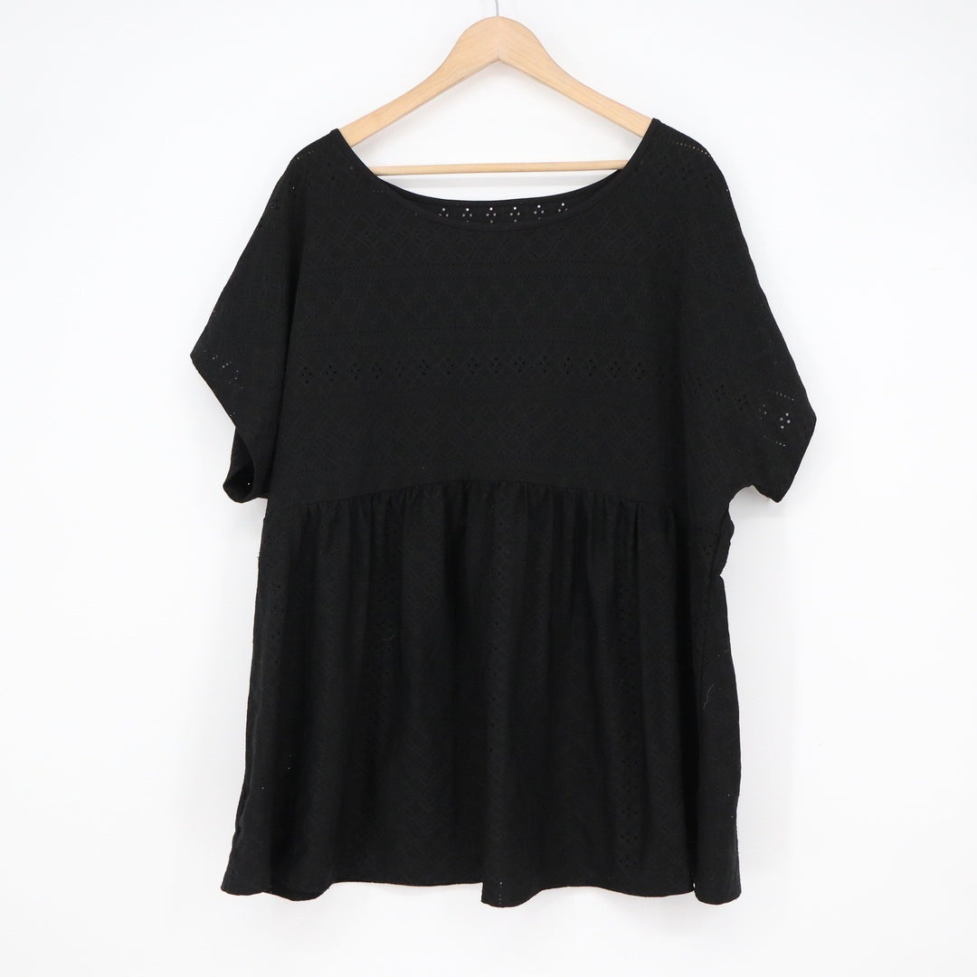 Black Eyelet Embroidered Babydoll Top Short Sleeve Oversized Peplum Blouse XL