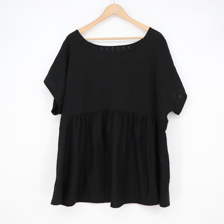 Black Eyelet Embroidered Babydoll Top Short Sleeve Oversized Peplum Blouse XL