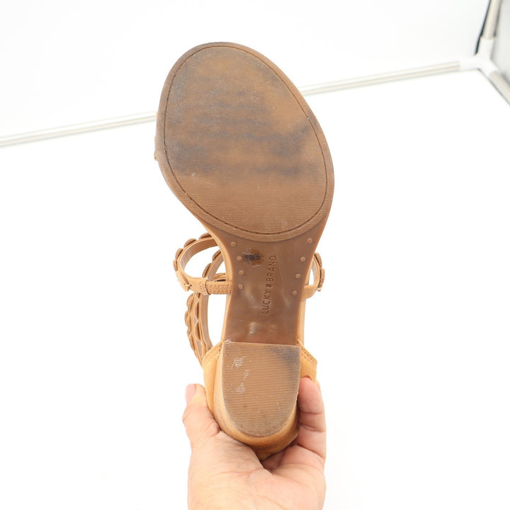Lucky Brand Tan Leather Scalloped Gladiator Block Heel Sandals Womens 8.5