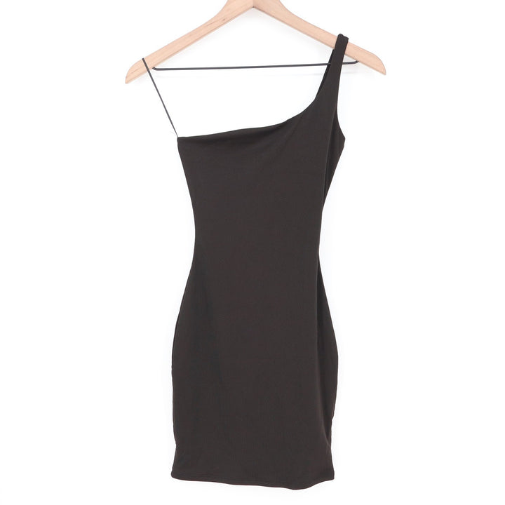 Naked Wardrobe Black One Shoulder Ribbed Mini Bodycon Dress XS