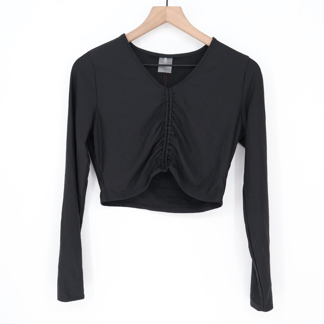 CALIA Womens LS Ruched Rashguard Pure Black Cropped Swim Top Size M