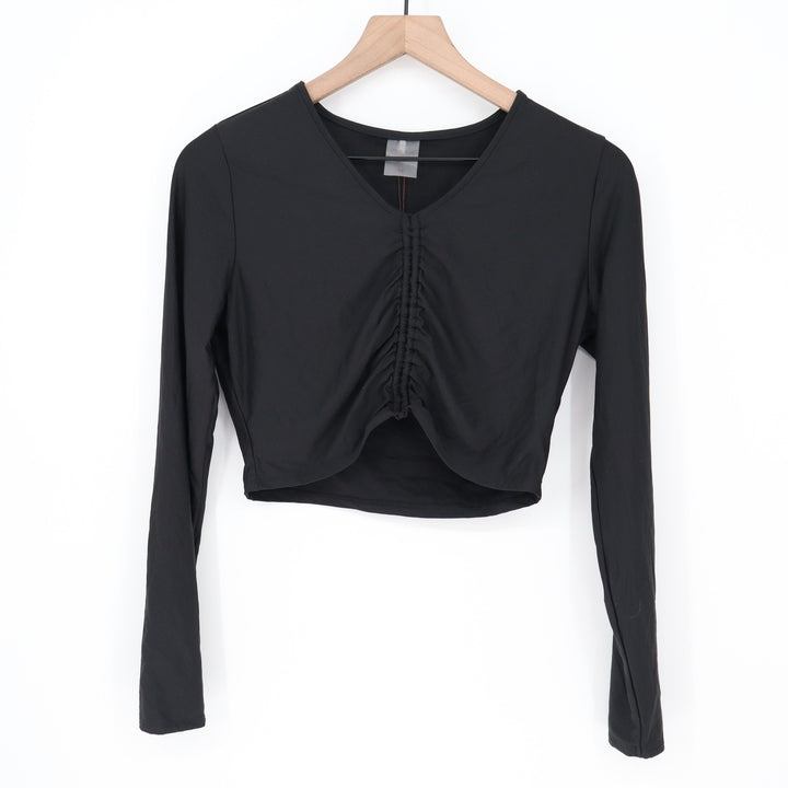 CALIA Womens LS Ruched Rashguard Pure Black Cropped Swim Top Size M