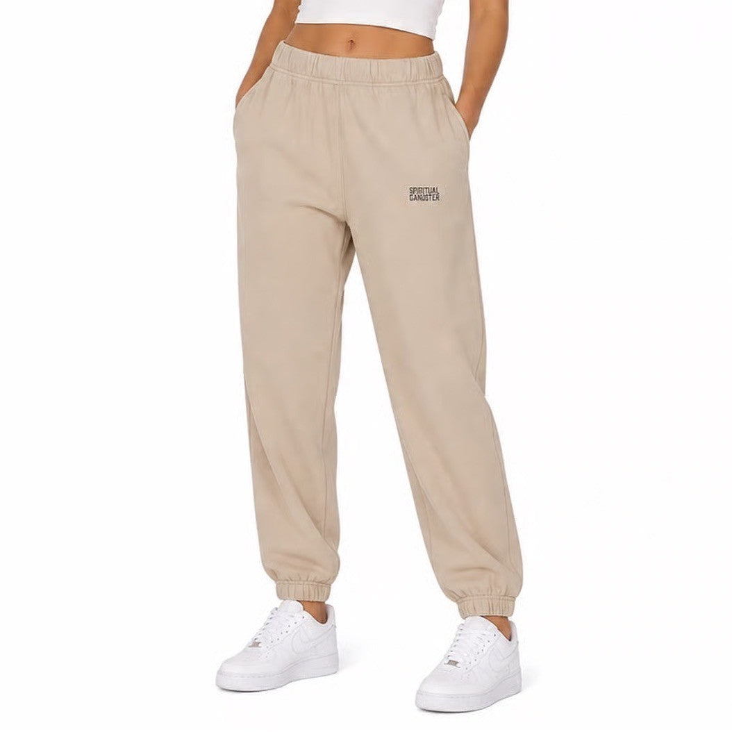 Spiritual Gangster Tan Beige Cotton Fleece Logo Jogger Sweatpants Large