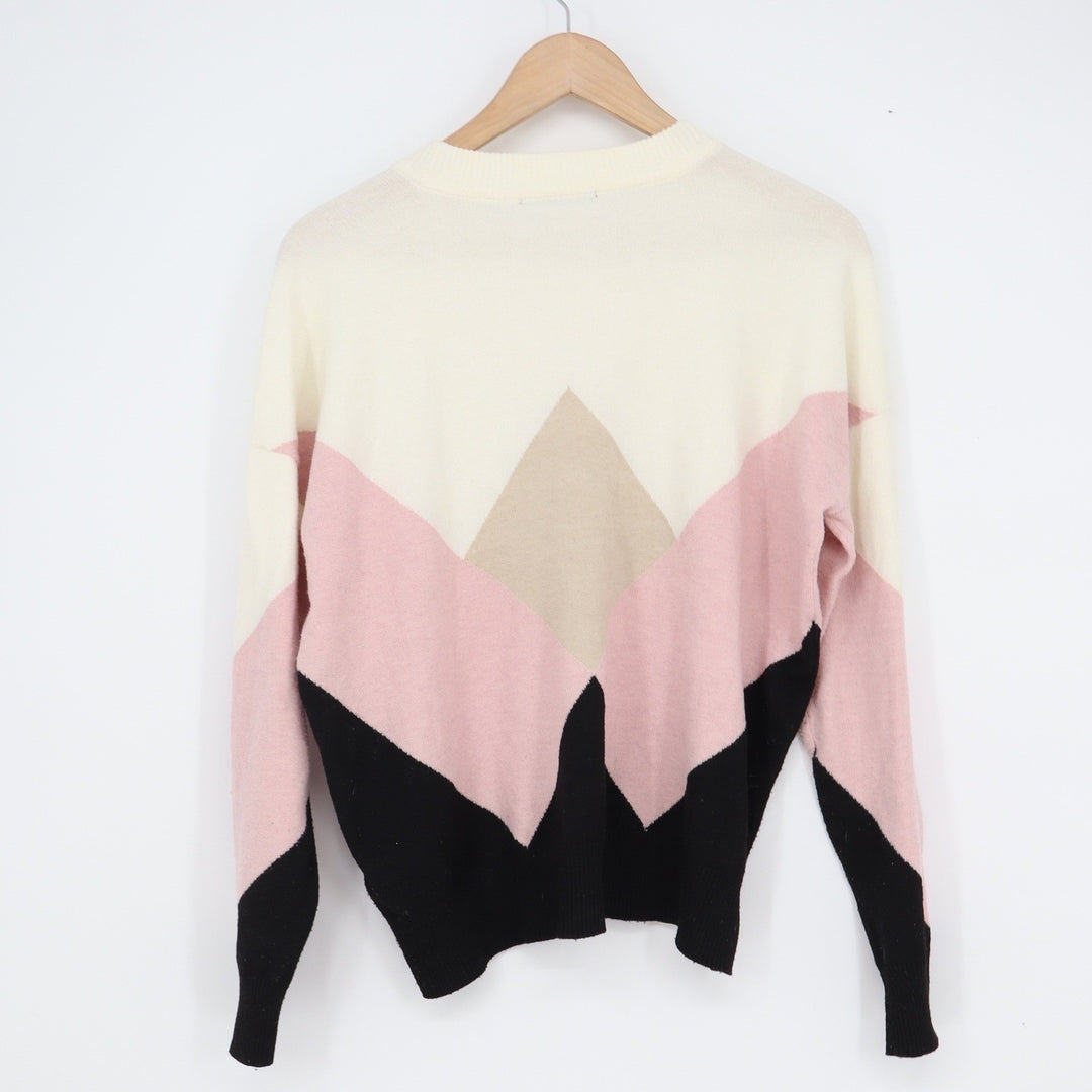 T Tahari Womens Geometric Colorblock Crew Neck Sweater Pink Cream Black Small
