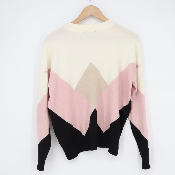 T Tahari Womens Geometric Colorblock Crew Neck Sweater Pink Cream Black Small