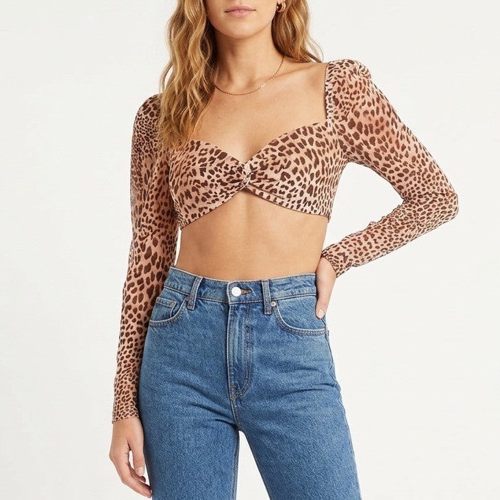 Naked Wardrobe Leopard Print Mesh Crop Top Long Sleeve Smocked Brown M
