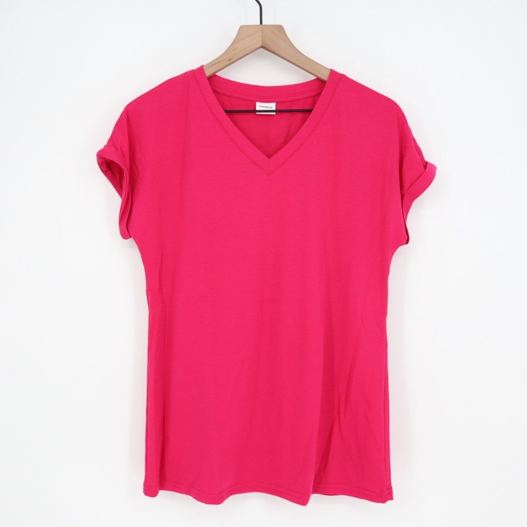 XIEERDUO Hot Pink V Neck Short Sleeve T Shirt Women Size S Rolled Cuffs