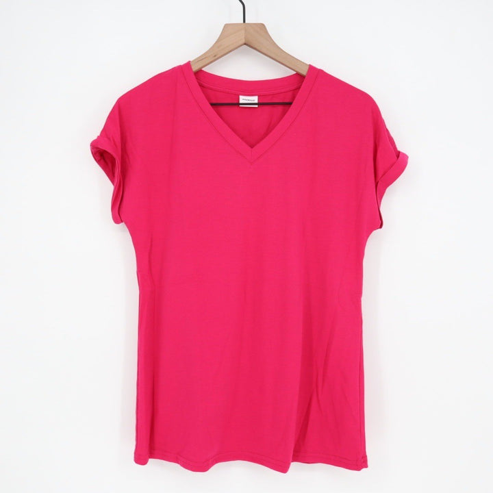 XIEERDUO Hot Pink V Neck Short Sleeve T Shirt Women Size S Rolled Cuffs