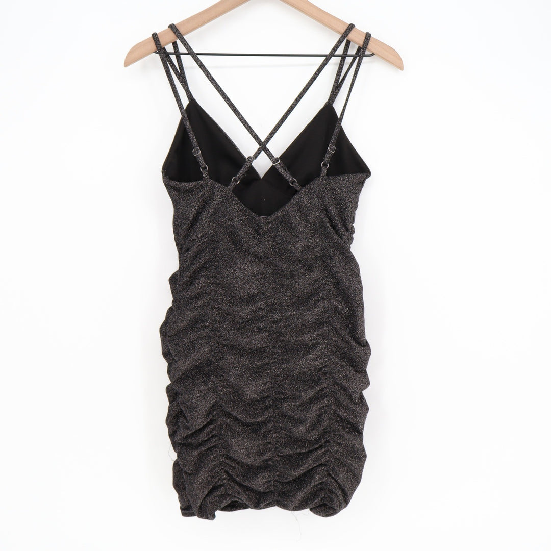 Wild Fable Black Metallic Ruched Bodycon Mini Dress XS Double Strap Cross Back