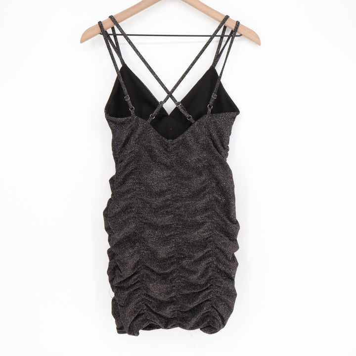 Wild Fable Black Metallic Ruched Bodycon Mini Dress XS Double Strap Cross Back
