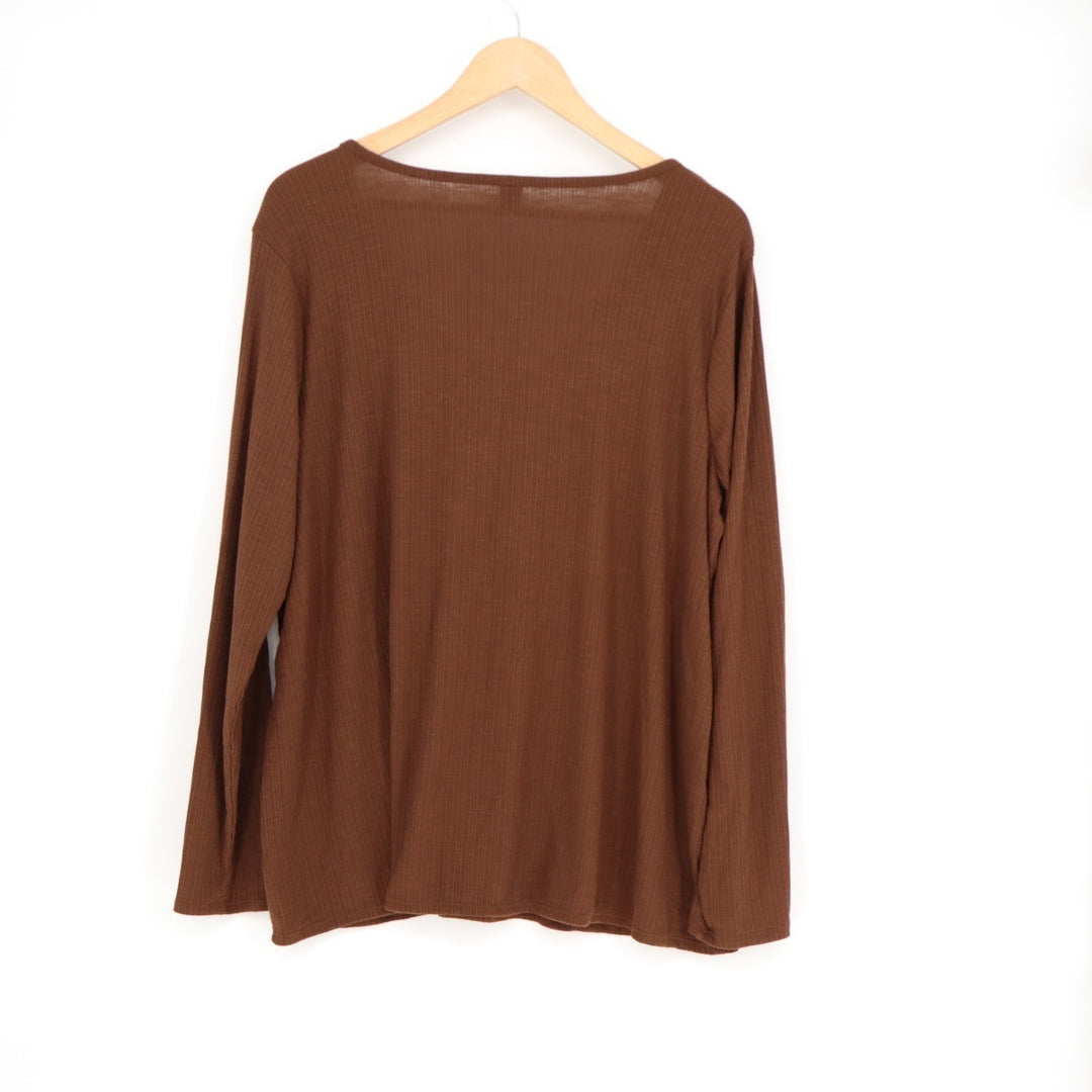 Old Navy Luxe Slub T-Shirt Womens XL Brown Rib Knit V-Neck Long Sleeve Pullover