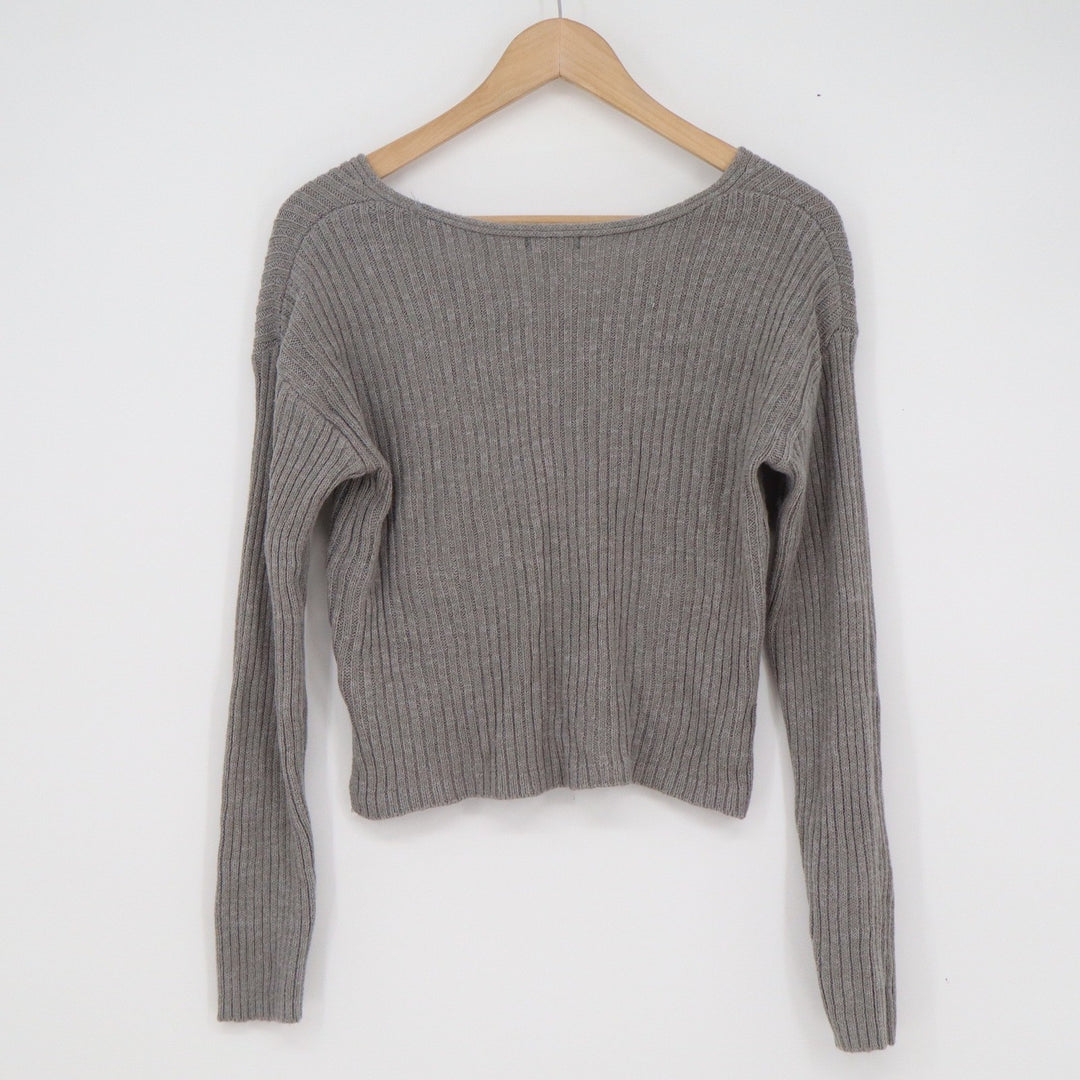 Wild Fable Gray Ribbed V-Neck Cropped Sweater Womens Small Long Sleeve Cotton