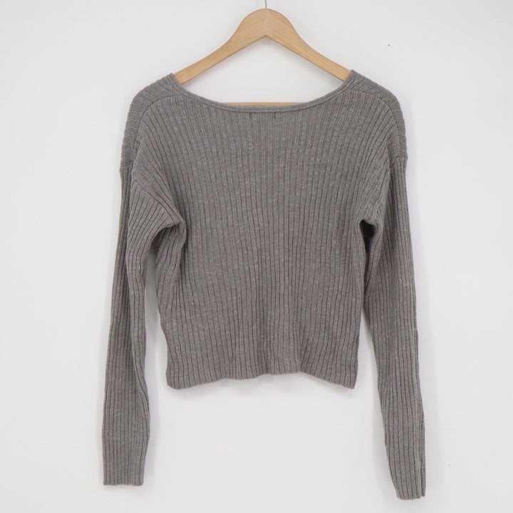 Wild Fable Gray Ribbed V-Neck Cropped Sweater Womens Small Long Sleeve Cotton