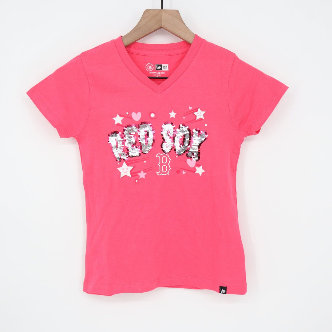 New Era Boston Red Sox Girls Pink Flip Sequin V-Neck T-Shirt Size 7/8 MLB 9537