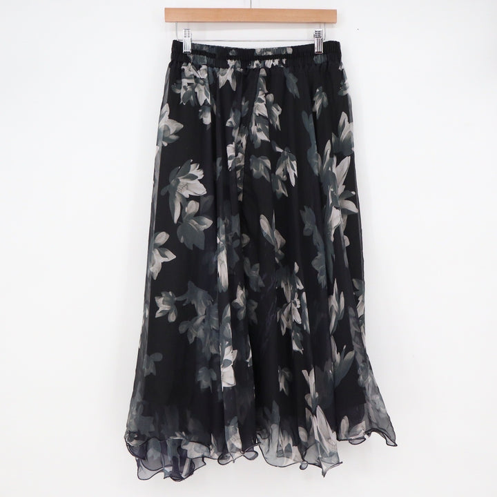 Black Floral Chiffon Maxi Skirt Elastic Waist Lettuce Hem Flowy Size L