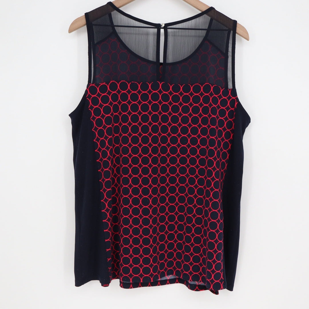 41 Hawthorn Womens 1X Navy Blue Red Geometric Circle Mesh Yoke Blouse