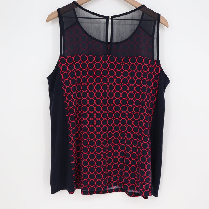 41 Hawthorn Womens 1X Navy Blue Red Geometric Circle Mesh Yoke Blouse