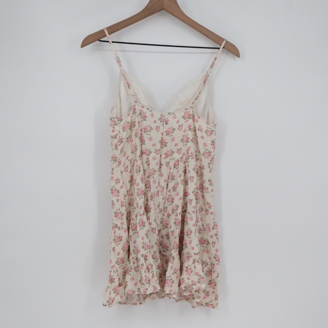 Sky to Moon Floral Print Mini Dress Lace Trim Tie Front L