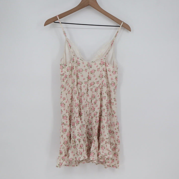 Sky to Moon Floral Print Mini Dress Lace Trim Tie Front L