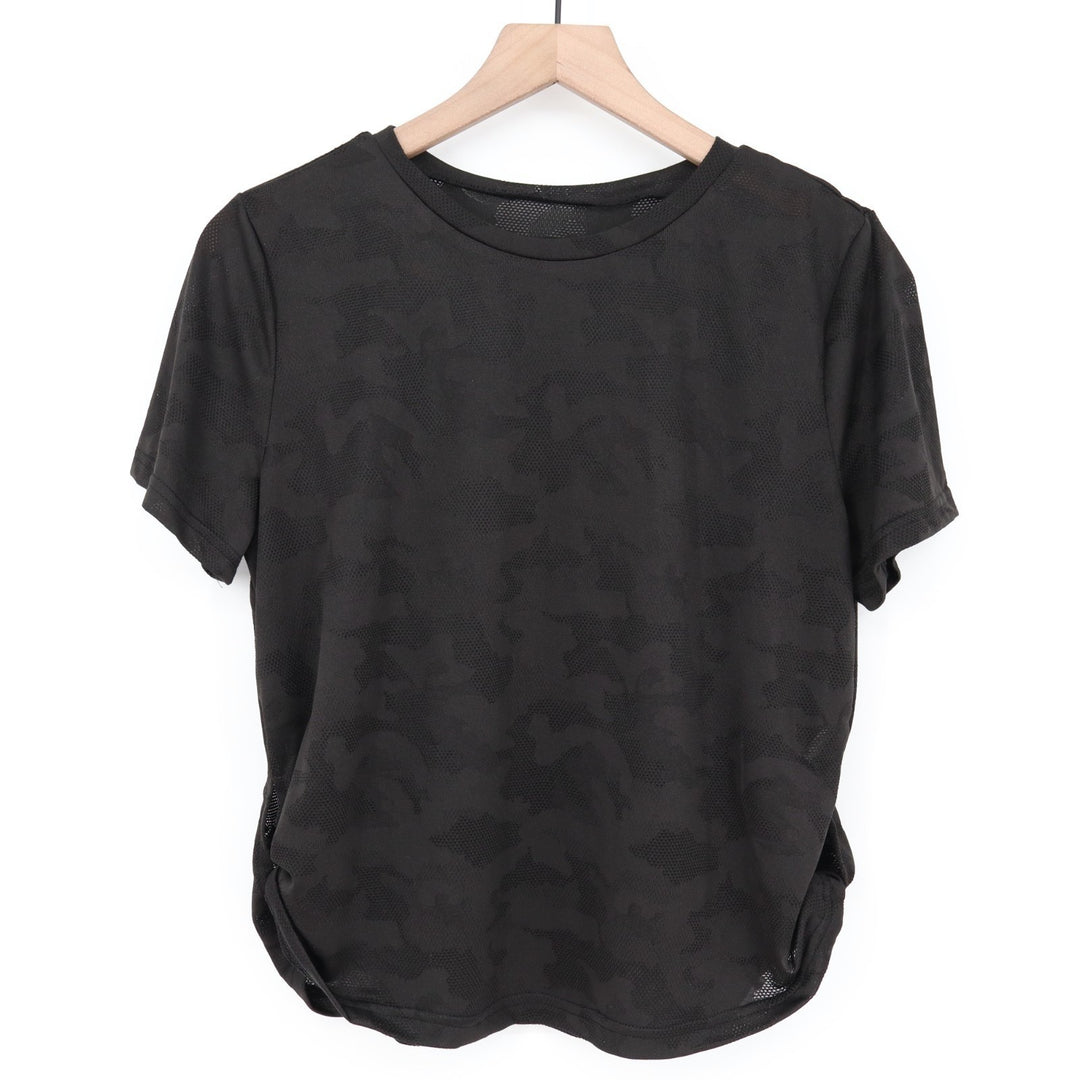 SheIn Easithlete T-Shirt Womens Large Black Camo Mesh Short Sleeve Crew Neck