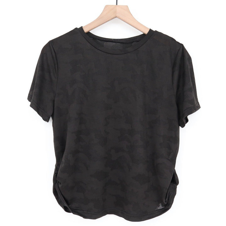 SheIn Easithlete T-Shirt Womens Large Black Camo Mesh Short Sleeve Crew Neck