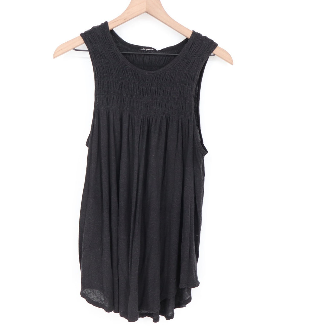 Tank Top Womens Large Black Stretch Pleated Smocked Wide Strap Round Neck