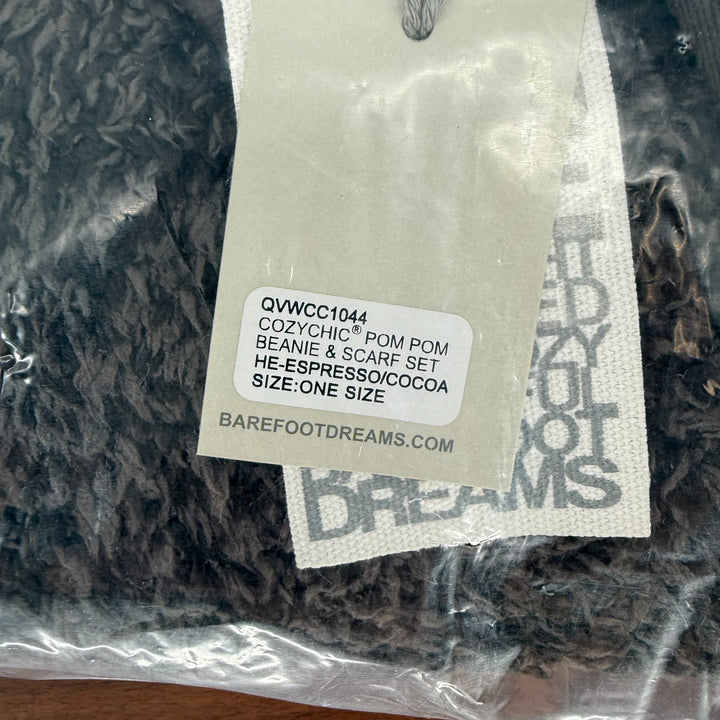 Barefoot Dreams CozyChic Pom Pom Beanie & Scarf Set Womens Espresso Cocoa Winter