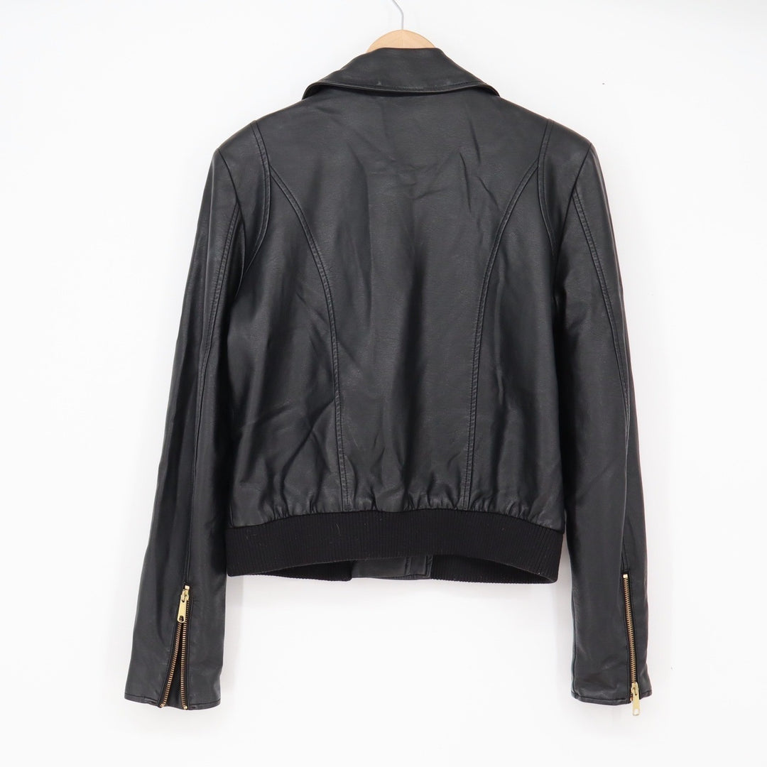 Free People Moto Jacket Womens S Vegan Leather Black Gold Zip Ribbed Excellent