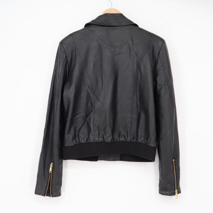 Free People Moto Jacket Womens S Vegan Leather Black Gold Zip Ribbed Excellent