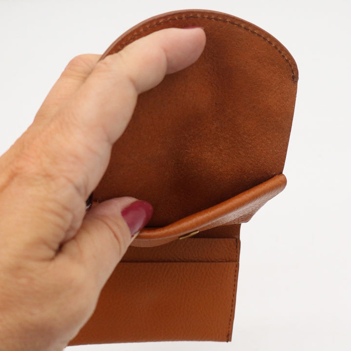 Fossil Tan Pebbled Leather Trifold Compact Wallet with Coin Pouch Brass Snap