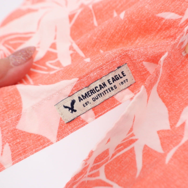 American Eagle Mens Short Sleeve Button Up Shirt Coral Floral Print Size S
