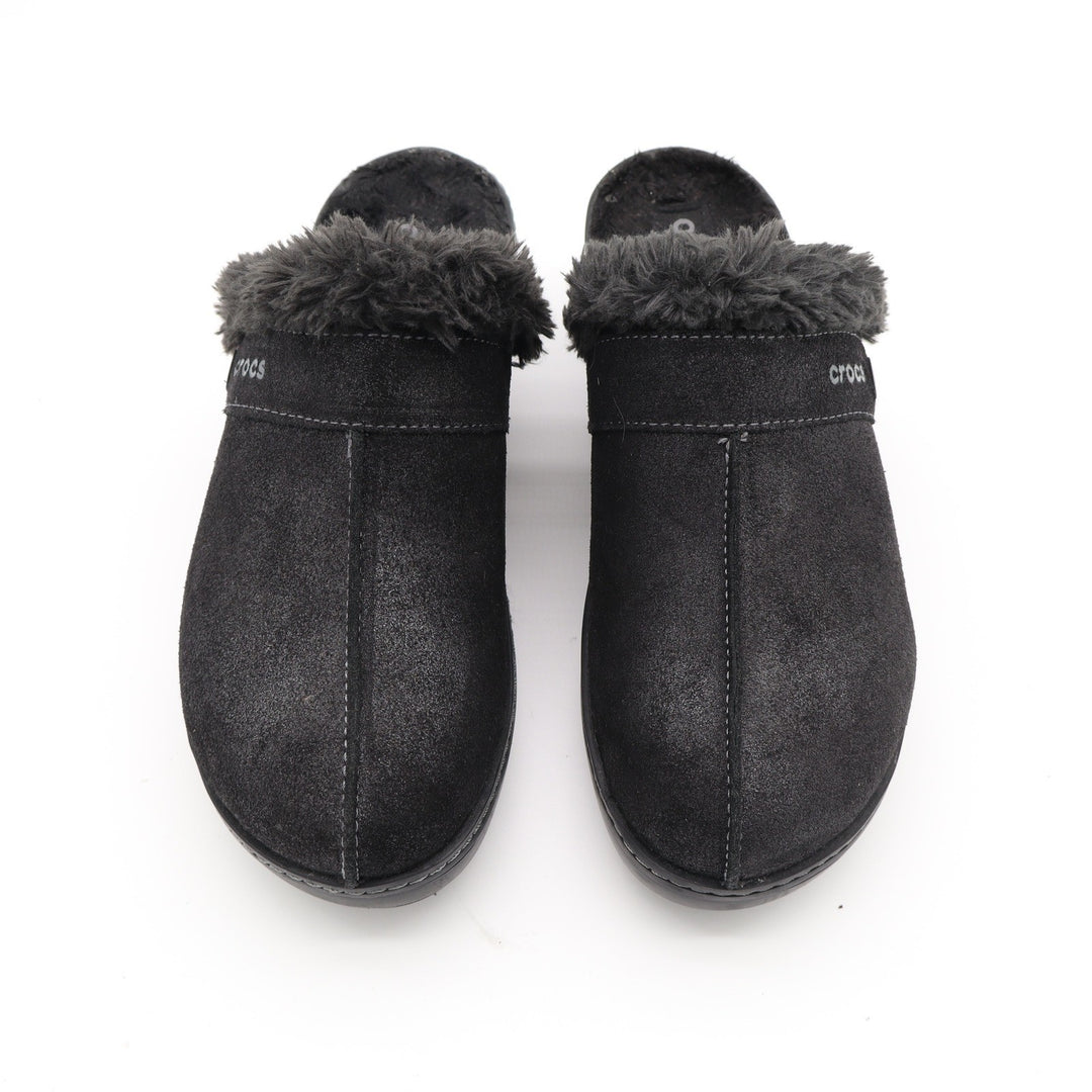 Crocs Sarah Fuzz Lined Clog Black Faux Fur Wedge Mules Womens Size 8