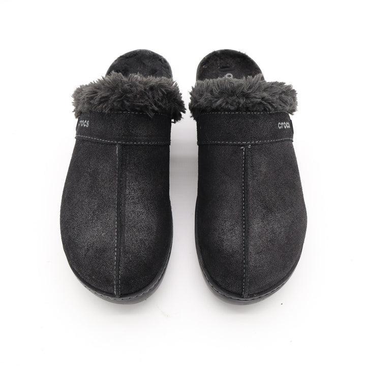 Crocs Sarah Fuzz Lined Clog Black Faux Fur Wedge Mules Womens Size 8