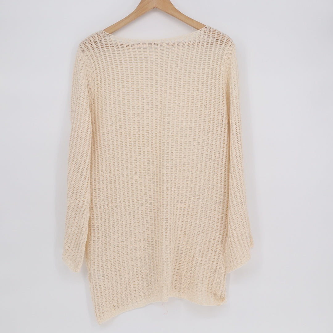 Sweater Dress Womens Medium Beige Crochet Knit Boat Neck Long Sleeve Pullover