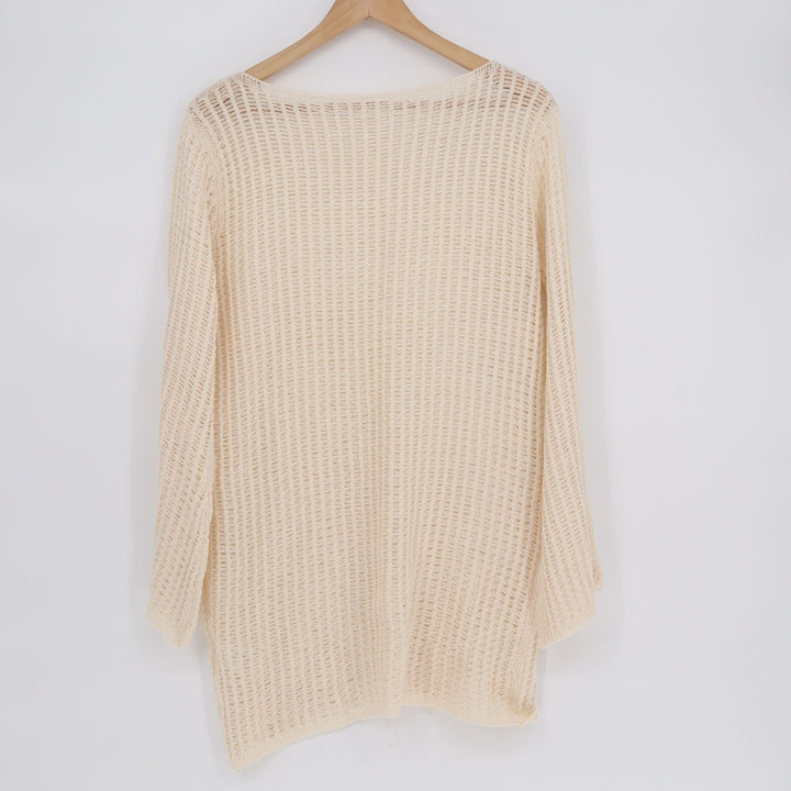 Sweater Dress Womens Medium Beige Crochet Knit Boat Neck Long Sleeve Pullover