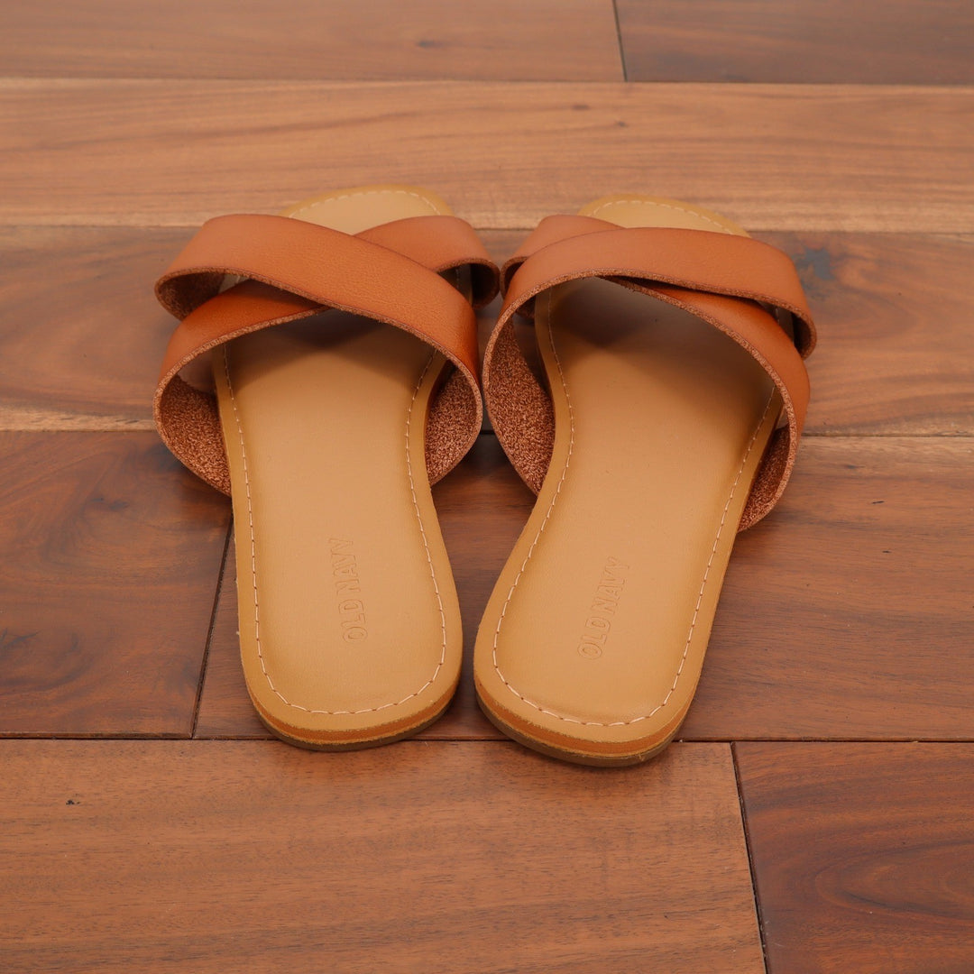 Old Navy Womens Cognac Brown Crisscross Faux Leather Slide Sandals 8.5 Flat