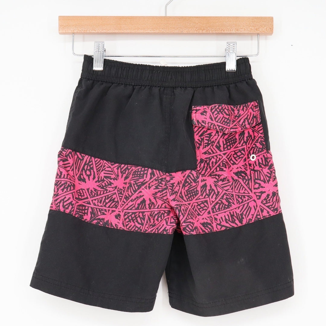 Big Chill Swim Trunks Boys 6 Black Pink Geometric Palm Excellent