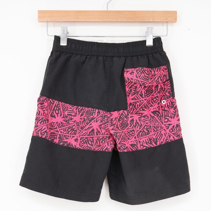 Big Chill Swim Trunks Boys 6 Black Pink Geometric Palm Excellent