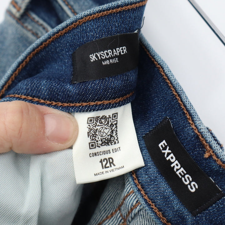 Express Skyscraper Mid Rise Flare Jeans Blue Distressed Ripped 12R