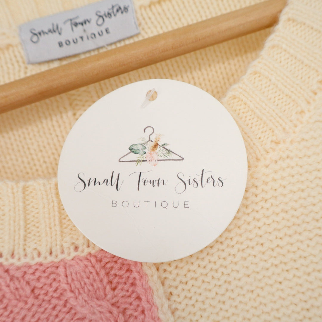 Small Town Sisters Boutique Colorblock Cable Knit Sweater Cream Pink Burgundy S