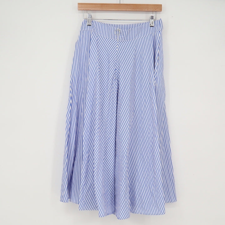 Reserved Eco Aware Blue White Striped A-Line Midi Skirt Tie Waist Womens Size 6