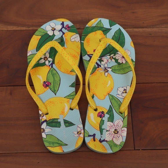 Vera Bradley Lemon Floral Ladybug Flip Flops Yellow Blue Women Size 8