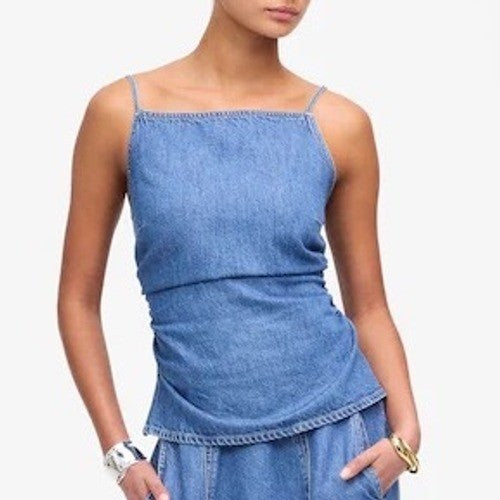Madewell Tank Top Womens 6 Blue Denim Cotton Ruched Square Neck Spaghetti Strap