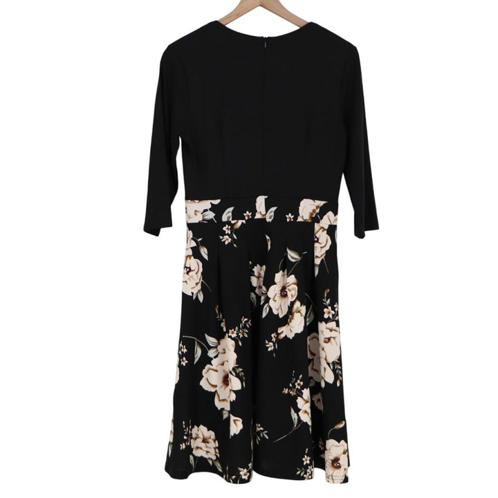 Yathon A-Line Dress Womens L Black Floral Cotton Long Sleeve Back Zip Split Neck