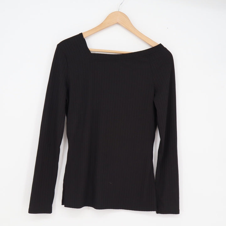SHEIN Womens Black Asymmetrical Ribbed Long Sleeve Button Detail Top Size 8/10 L